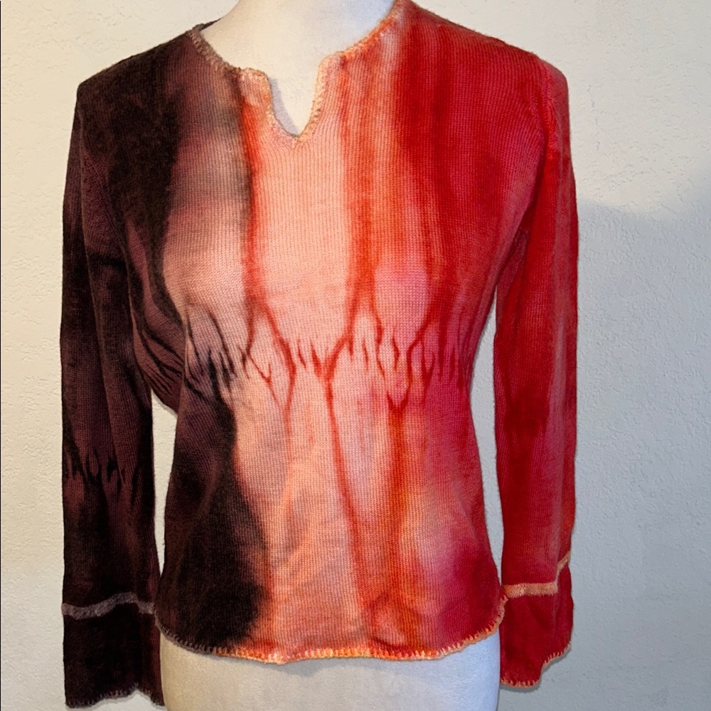 Marika Charles , Long Sleeve Scoop Neck Top - Red/Pink Gradient